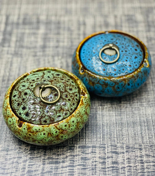 Vintage Ceramic Ashtray with Lid and Metal Ring