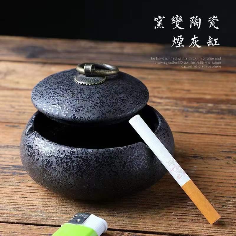 Vintage Ceramic Ashtray with Lid and Metal Ring